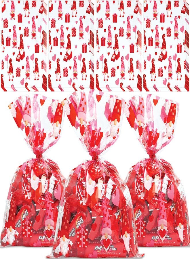 BASHOUT 100-Piece Valentine's Day Cellophane Treat Bags | Red & Pink Gnome Candy Bags with Twist Ties | 9 x 6 Inches - Image 1